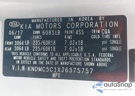 2018 Kia Sedona Sx z USA, uszkodzony, nr VIN KNDMC5C1XJ6375757
